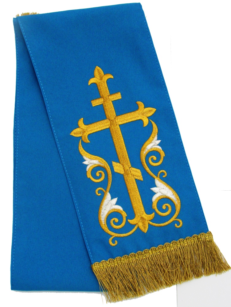 Закладка, вышитая, Расцветший Крест, голубая, ш. 14 см