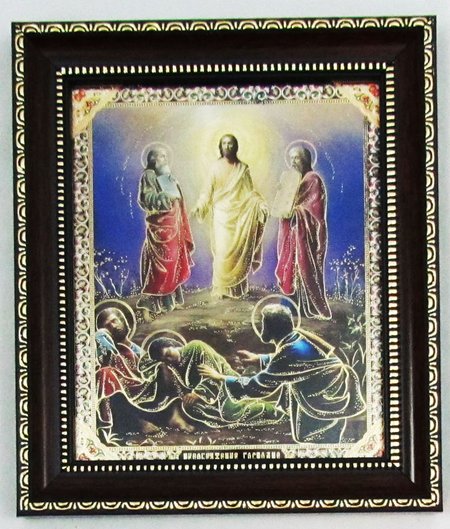 Икона Преображение Господне, двойное тиснение 12х14,2 см на бумаге, пластмассовая рамка, под стеклом