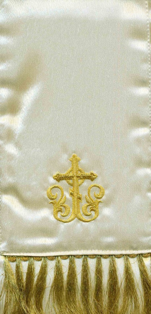 Закладка для служебных книг, с иконой Спас Нерукотворный, вышитая, белая, шир. 14,5 см. + золото, 14,5 см