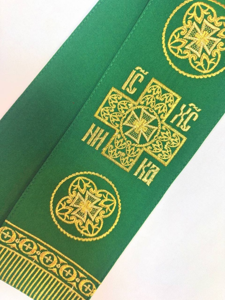 Закладка вышитая, зеленая с золотом, шир. 10 см