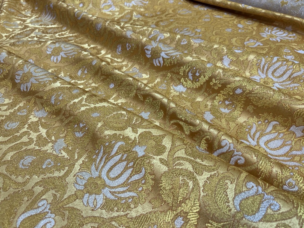 Парча ФЕНИКС, желтая с золотом и серебром, шир. 150 см, Рахманово