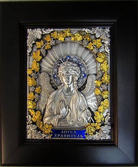 Икона Ангел Хранитель (поясной, золотой венок) серебрение (гальванопластика), эмаль, деревянная рамка, с подставкой