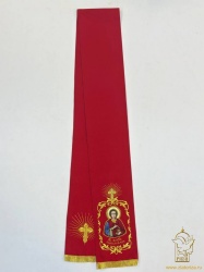 Закладка для служебных книг, с иконой Великомученика Пантелеимона, вышитая, красная + золото, шир. 16 см. + золото, 14,5 см
