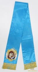 Закладка вышитая, муар, КАЗАНСКАЯ МБ, голубая с золотом, шир. 16 см