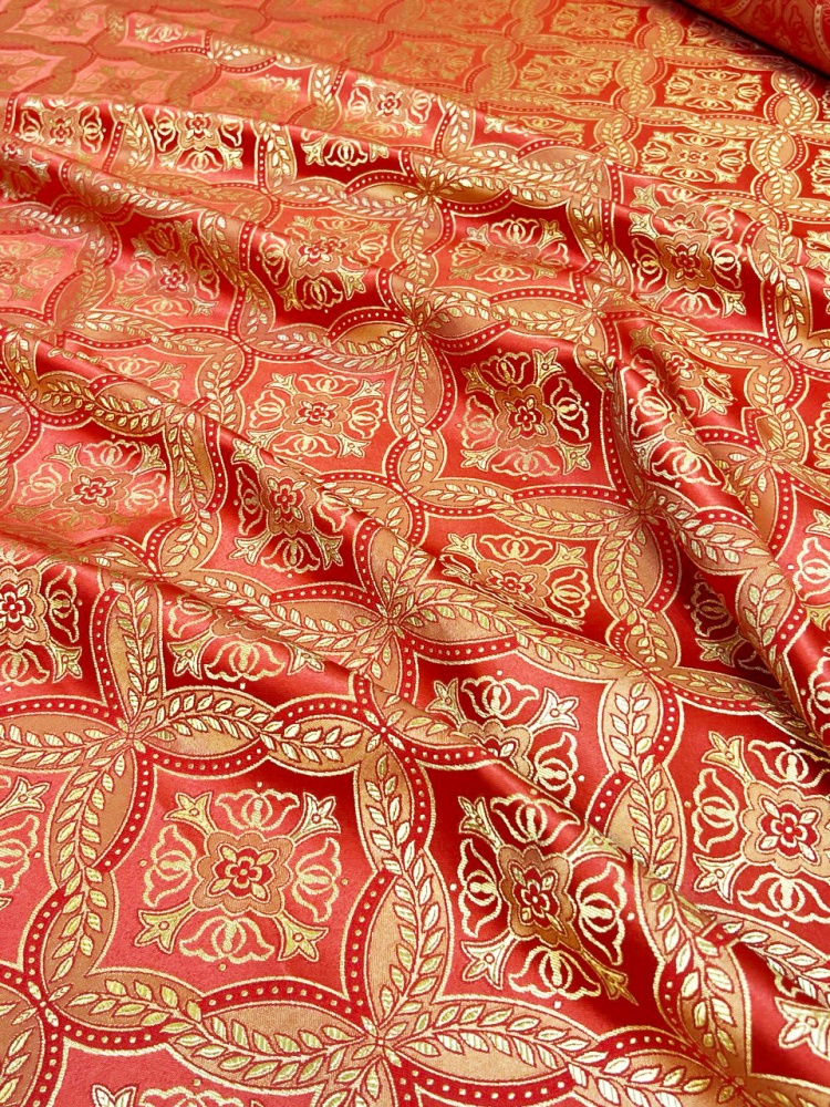 Шелк КРУЖЕВНИЦА / ЛАВР, красный с золотом, шир. 150 см, ПП