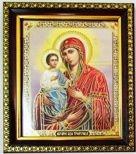 Икона Троеручица Божия Матерь, двойное тиснение 12,5х14,5 см, картон, рамка под стеклом