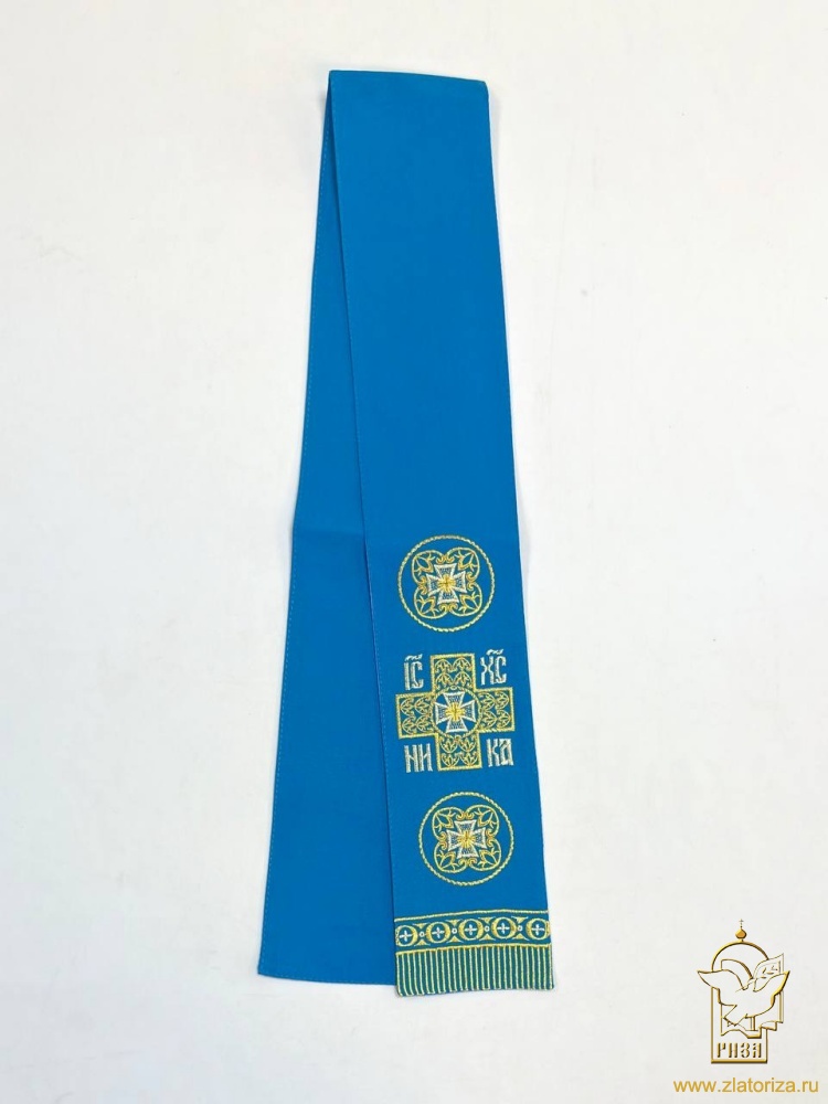 Закладка вышитая, голубая с золотом, шир. 10 см