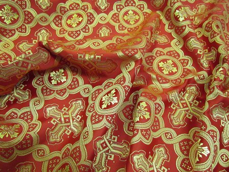 Шелк ПОДСОЛНУХ, красный с бордо окантовкой с золотом, шир. 150 см, Рахманово