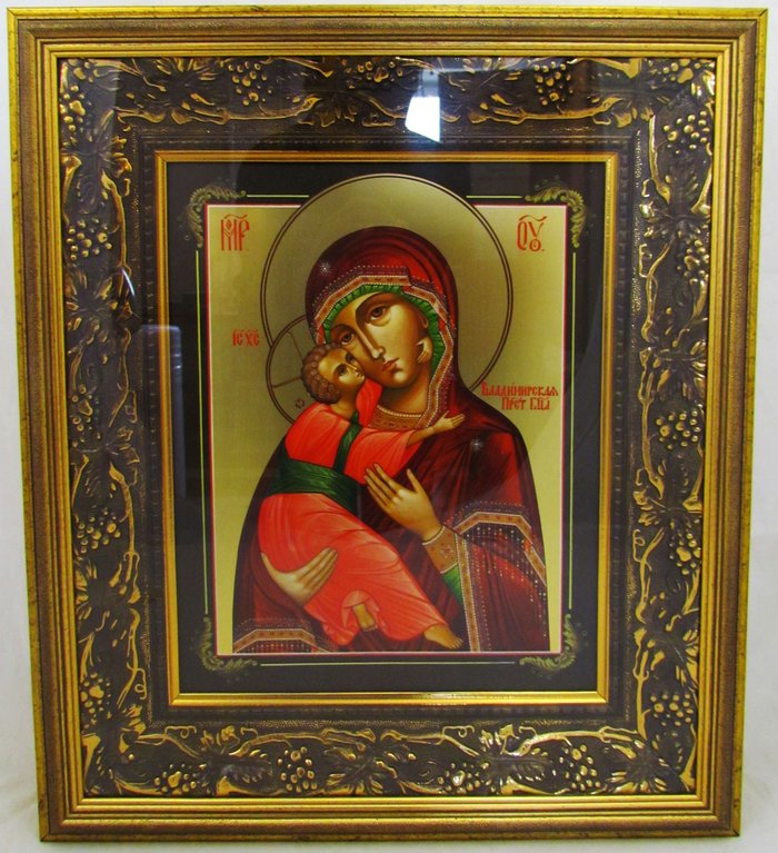Икона Владимирская Божия Матерь, писаная, на новой доске, в киоте, багет