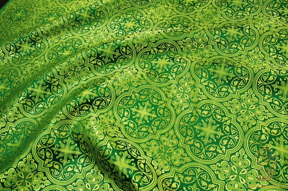 Шелк ШУЙСКАЯ, зеленый с золотом, шир. 150 см, Рахманово