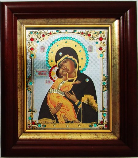 Икона Владимирская Божия Матерь двойное тиснение 16х18 в киоте под стеклом со стразами