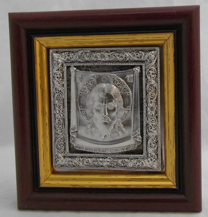 Икона Спас Нерукотворный серебрение (метод гальванопластики), багет, 7,5х8 см рамка