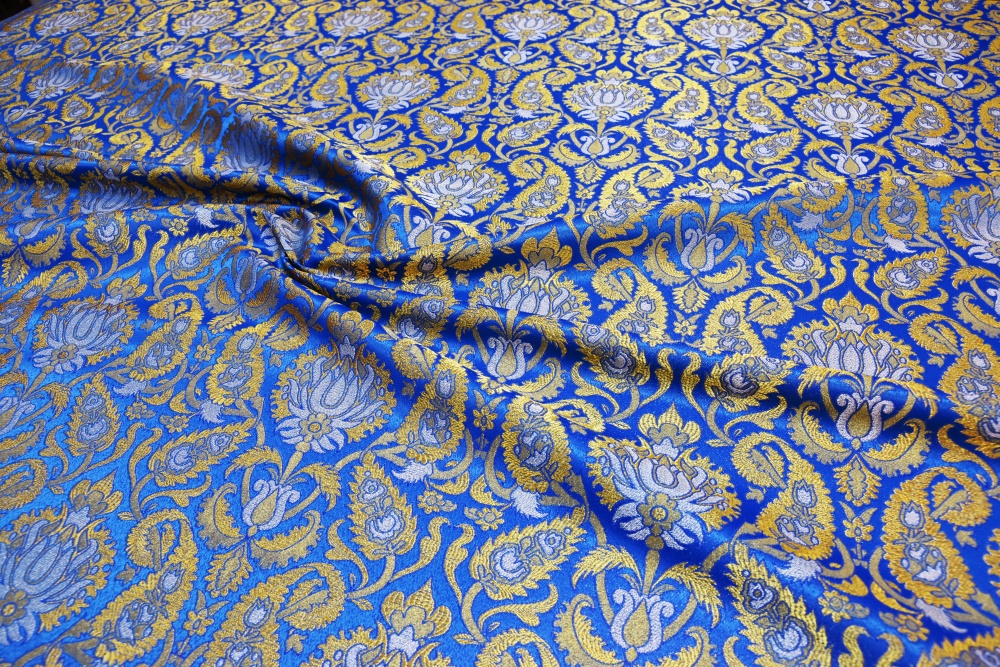 Парча ФЕНИКС, голубая с золотом, шир. 150 см, Рахманово