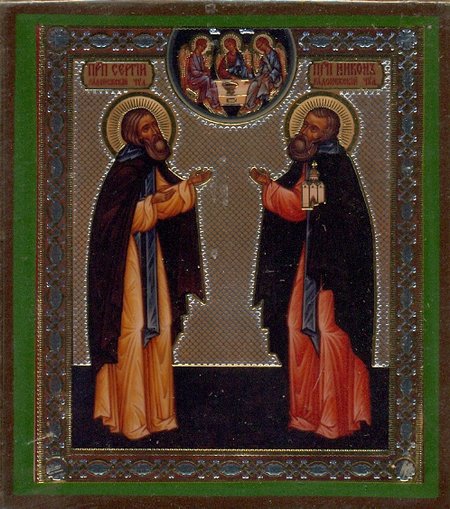 Икона Сергий и Никон Радонежские святые прпеподобные , двойное тиснение 8,8х10,4 на деревянной доске