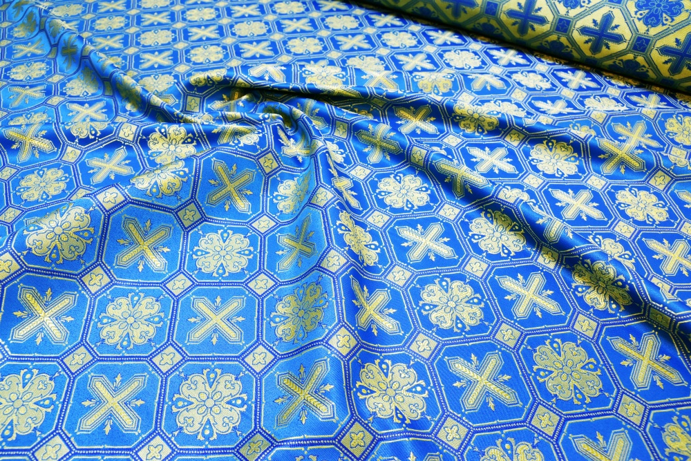 Шелк СВЕТЛАНА, голубой с золотом, шир. 150 см, Рахманово