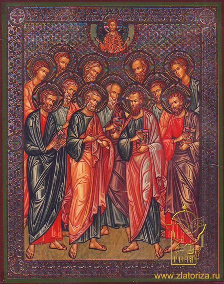 Икона Собор двенадцати Апостолов МА337 двойное тиснение 12,7х15,8 на деревянной доске