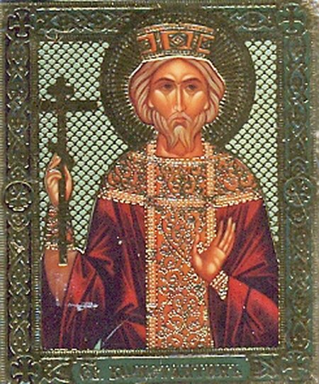Икона Константин святой равноапостольный царь М081 двойное тиснение 3,1х3,8 на деревянной доске