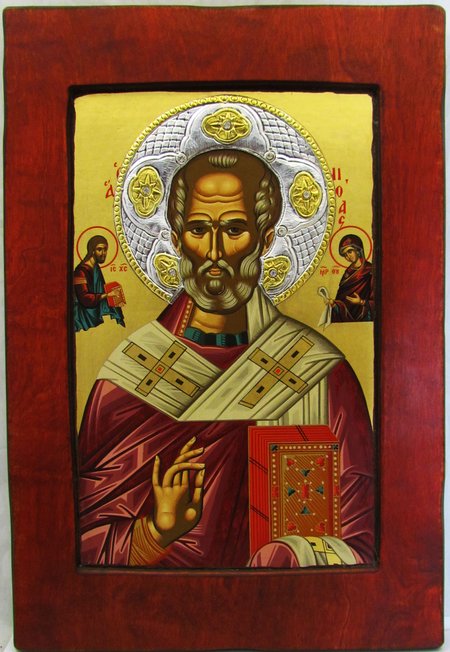 Икона Николай святитель Чудотворец с Предстоящими шелкография 40х27см, серебро с позолотой