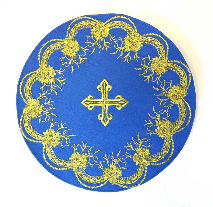 Напрестольный набор (подкрестье 2 шт, салфетка под лампаду 1 шт,), вышитый, цвет - голубой с золотом