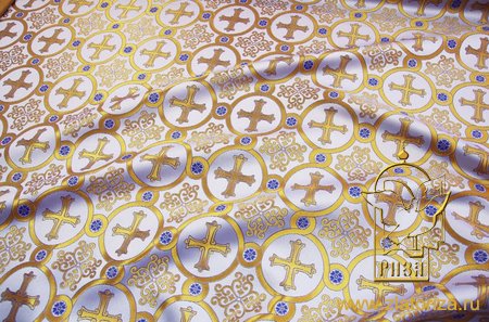 Шелк КОРИНФ, белый с золотом фиолетовый контур, шир. 160 см