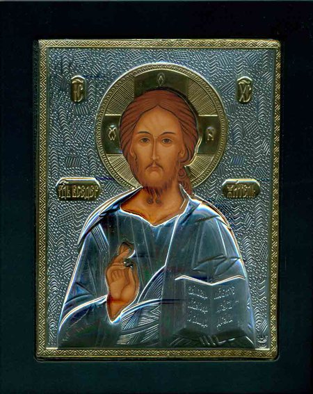 Икона Господь Вседержитель шелкография 11х14см серебряный оклад, на деревянной доске