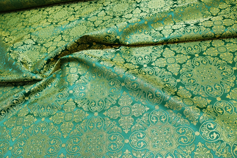 Шелк САРОВ, зеленый с золотом, шир. 150 см, Рахманово