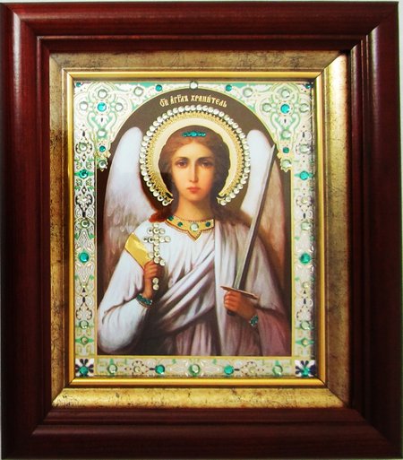 Икона Ангел Хранитель двойное тиснение 16х18 в киоте под стеклом со стразами