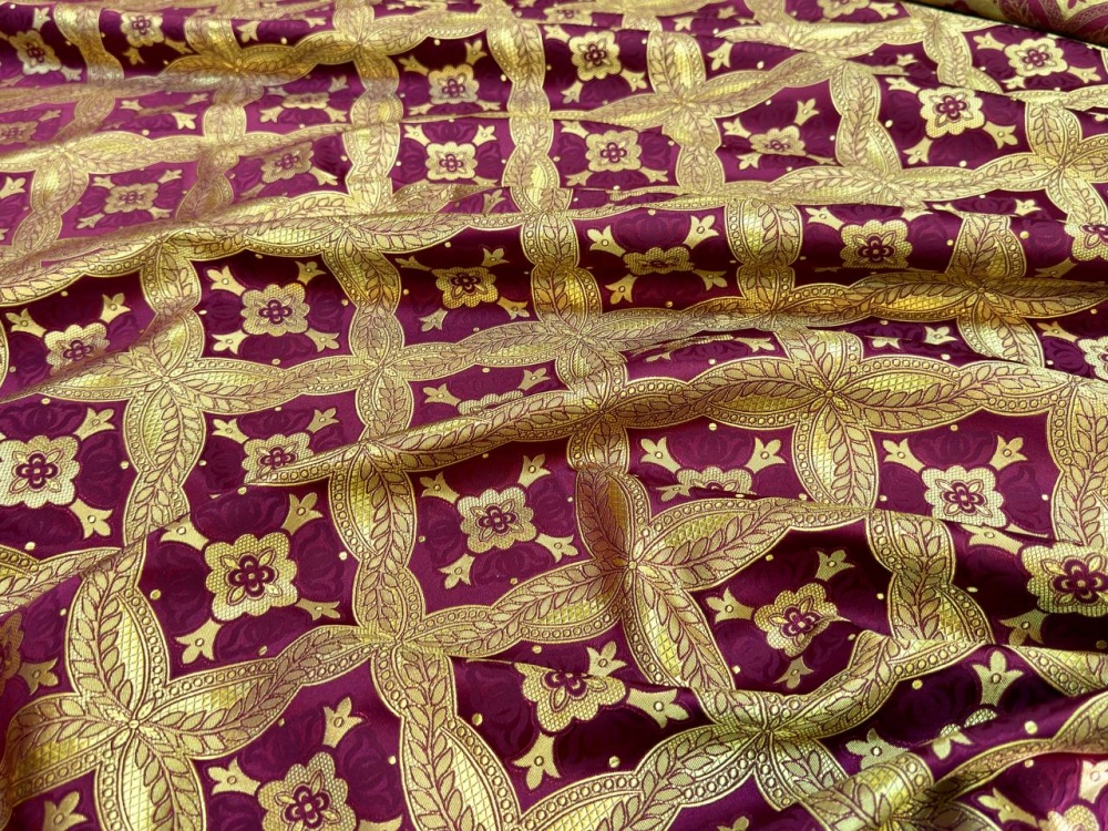 Шелк КРУЖЕВНИЦА, бордо с золотом, шир. 150 см, Рахманово