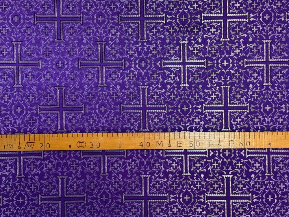 Парча АФОН/ВИЗАНТИЙСКИЙ КРЕСТ, фиолетовая с серебром, шир. 150 см, Рахманово