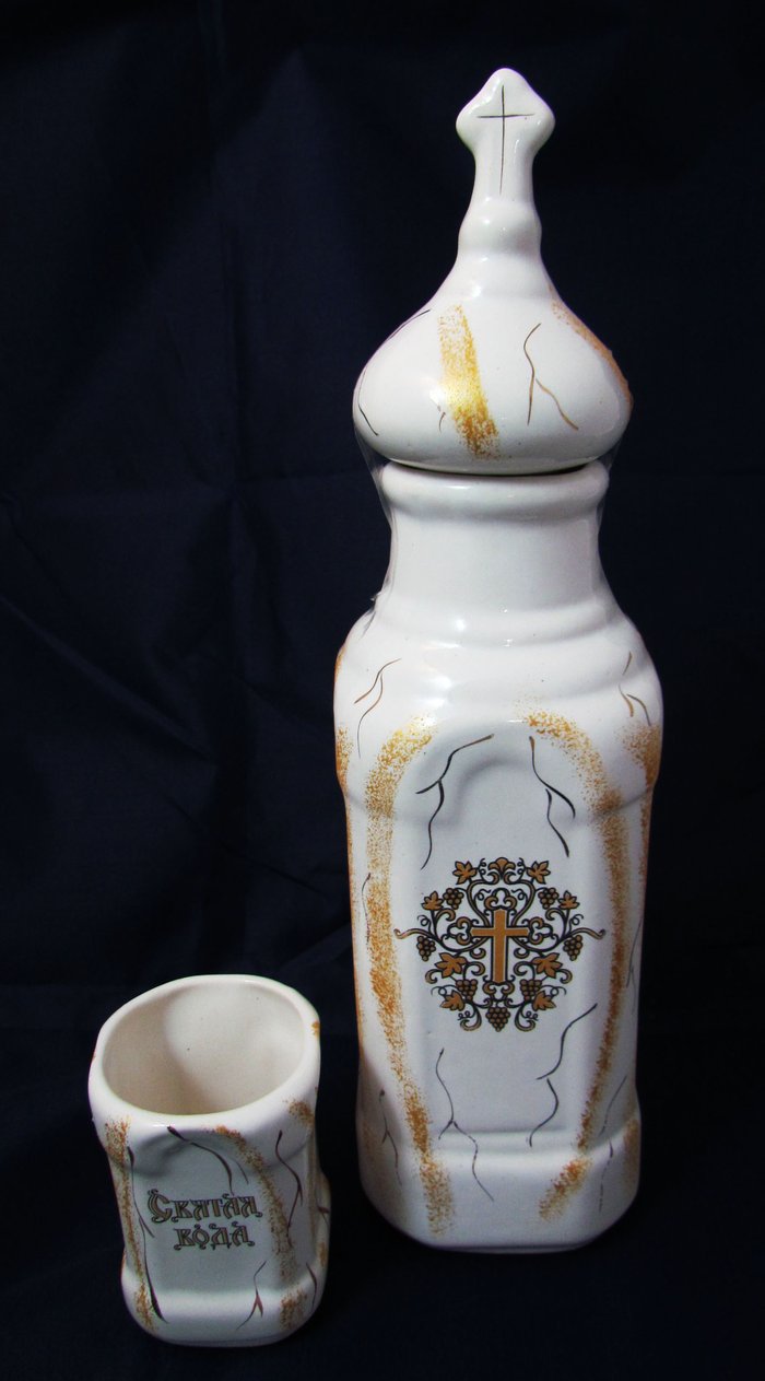 Набор для святой воды сосуд+стакан керамика, бюелая глазурь, декор золотой краской