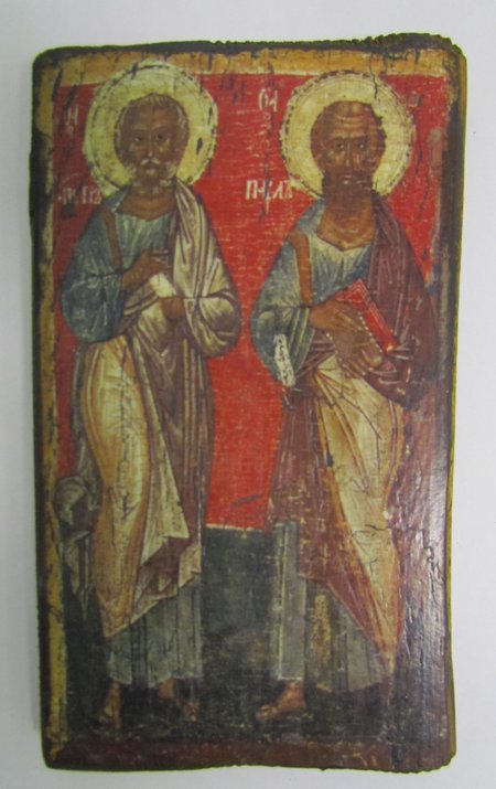 Икона Петр, Павел святые апостолы - полиграфия, состаренное дерево (12х20,5 см)
