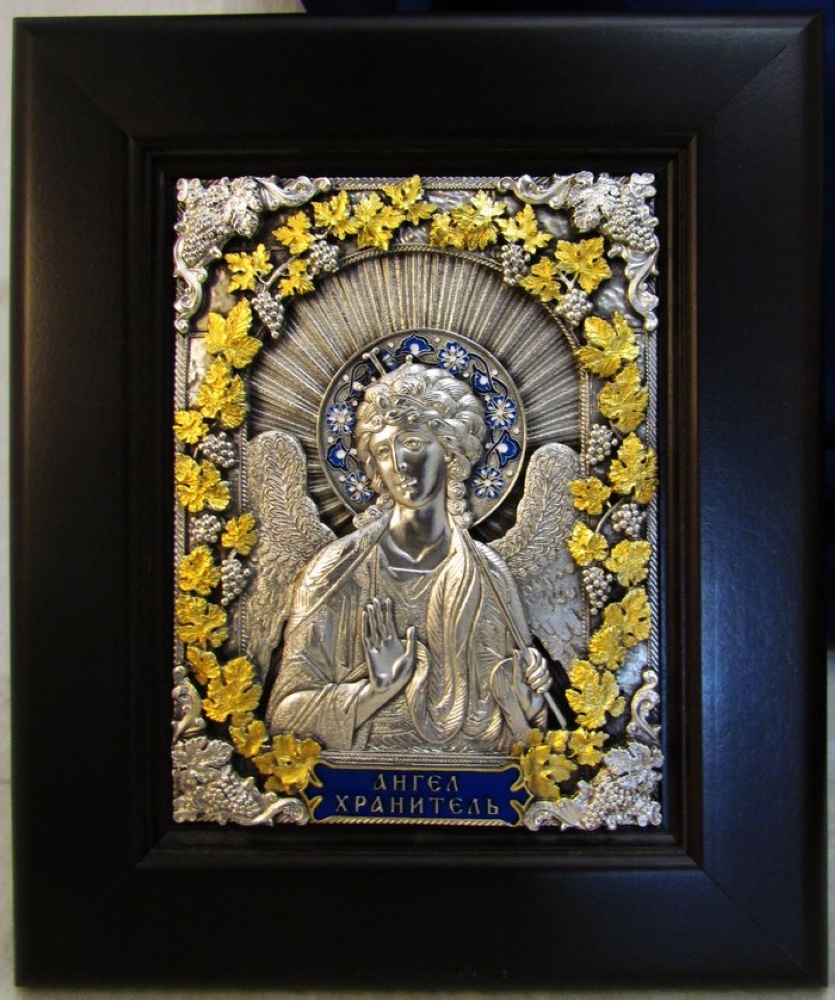 Икона Ангел Хранитель (поясной, золотой венок) серебрение (гальванопластика), эмаль, деревянная рамка, с подставкой