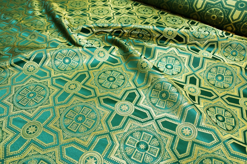 Парча НЕВСКИЙ, зеленая с золотом, шир. 150 см, Рахманово