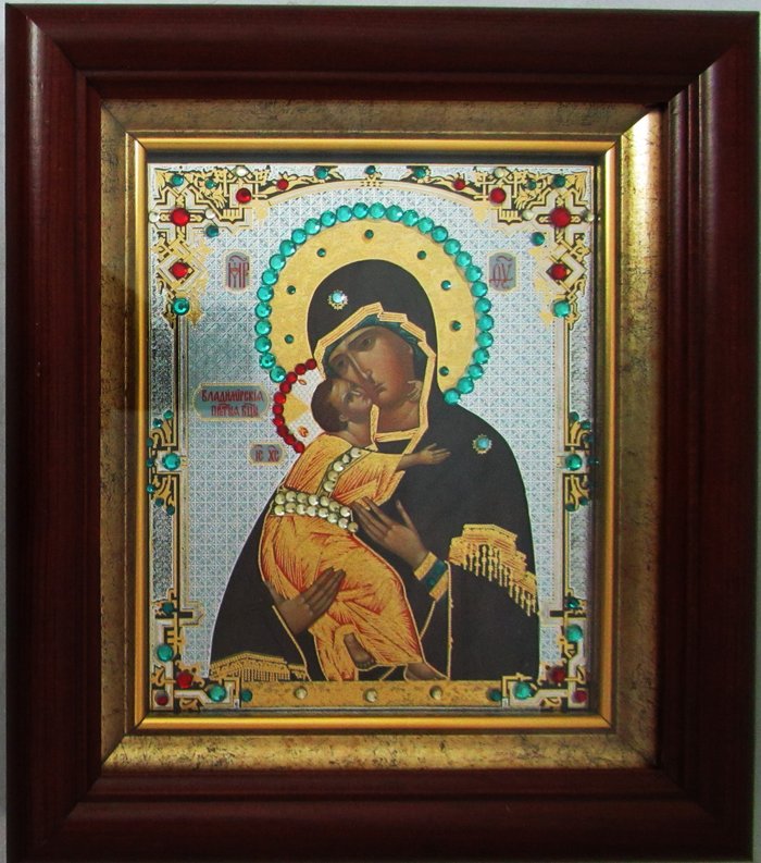 Икона Владимирская Божия Матерь двойное тиснение 16х18 в киоте под стеклом со стразами
