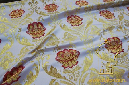 Шелк РОЗА ПАВЛОВСКАЯ, белая с красным, с золотом, шир. 150 см, Павловский Посад