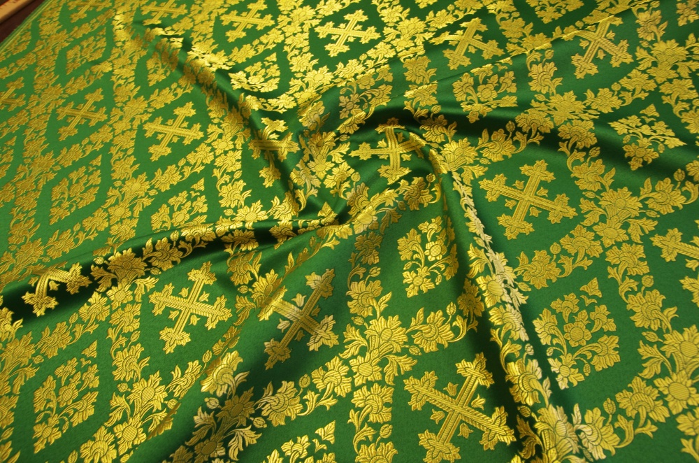 Шелк ПОЧАЕВСКИЙ, зеленый с золотом, шир. 150 см, Рахманово