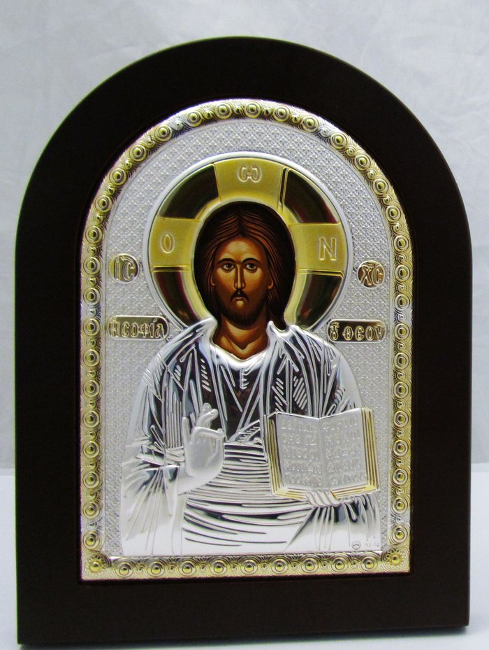Икона Господь Вседержитель серебро, шелкография, золочение, на дереве, арка, 15х21 см