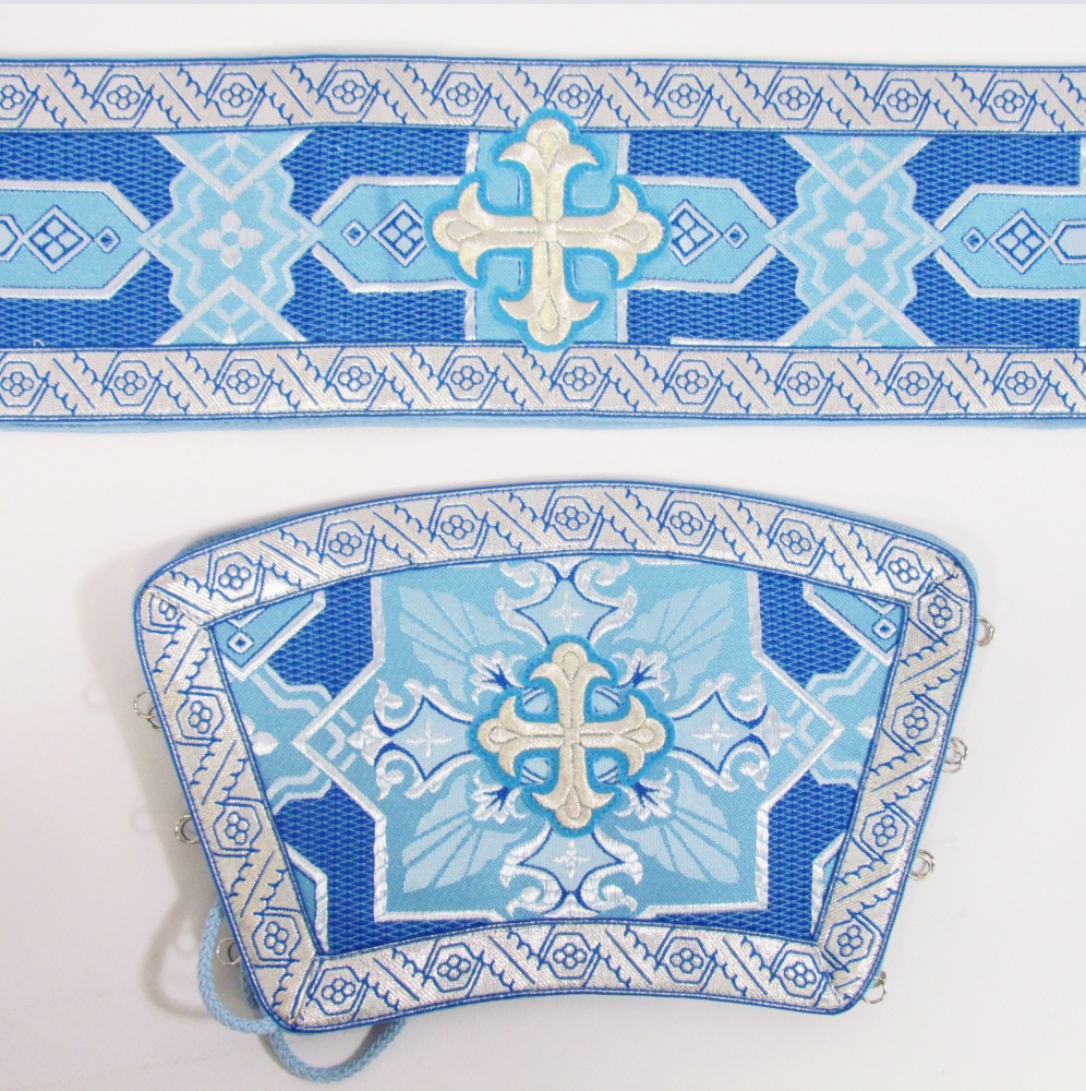 Орарь голубой с серебром, шелк, с поручами