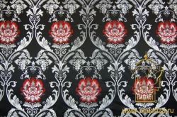 Шелк РОЗА ПАВЛОВСКАЯ, черный с серебром, с красной розой, шир. 150 см, Павловский Посад