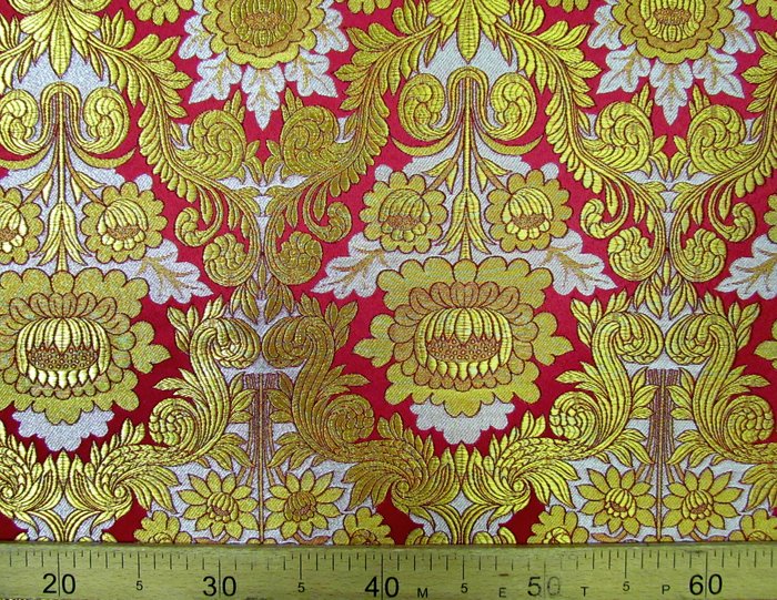 Парча ЛЕОНИЛ, красная с золотом, с серебром, шир. 150 см, Рахманово