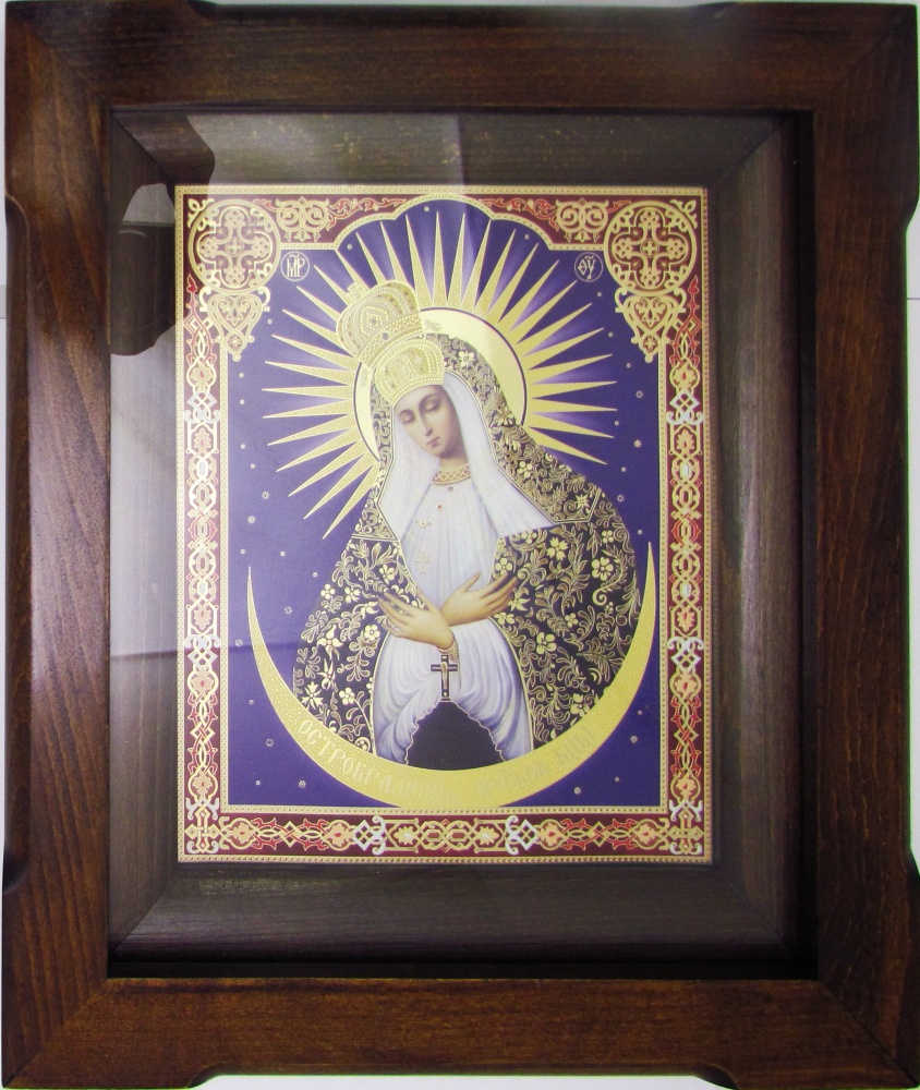 Икона Остробрамская Божией Матери двойное тиснение , на деревянной доске, в рамке под стеклом,