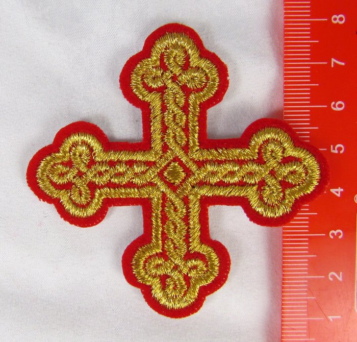 Крест 4 ОКРУГЛАЯ ПЛЕТЕНКА, красный с золотом,6-7 см