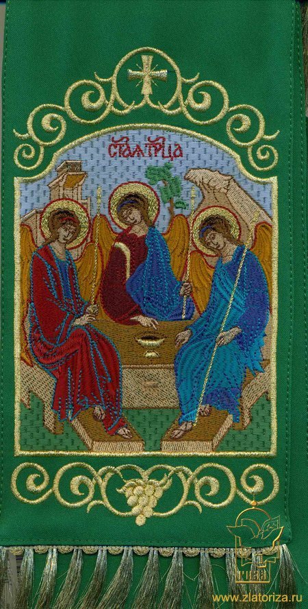 Закладка для служебных книг, с иконой Пресвятая Троица, вышитая, зеленая + золото, шир. 14,5 см. + золото, 14,5 см