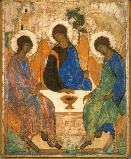 Икона Троица Ветхозаветная (Рублев) №14 р. 3, литография 11,7х14 на деревянной доске