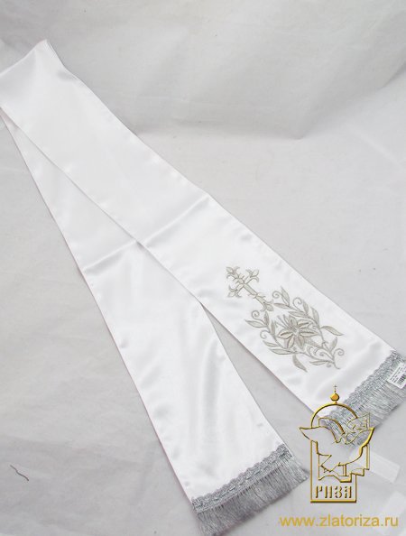 Закладка вышитая, креп, белая серебро, шир. 13 см