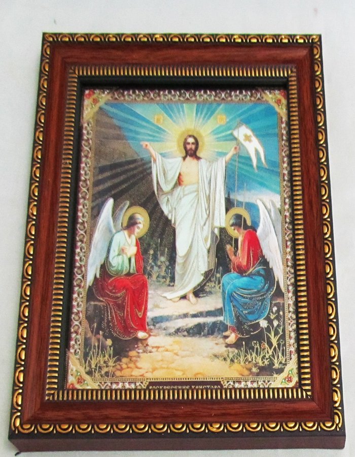 Икона Воскресение Христово вариант 1 двойное тиснение 12,5х14,5 см, картон, рамка под стеклом