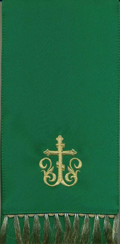 Закладка для служебных книг, с иконой Пресвятая Троица, вышитая, зеленая + золото, шир. 14,5 см. + золото, 14,5 см