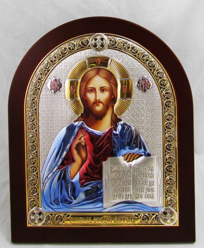 Икона Господь Вседержитель 29х35 серебрение с позолотой эмаль на подставке арка 6393/5WC