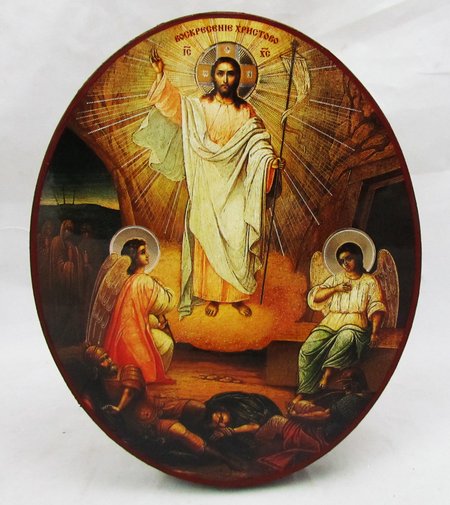 Икона Воскресение Христово (овальная) с подставкой, двойное тиснение 13х16 см, на деревянной доске