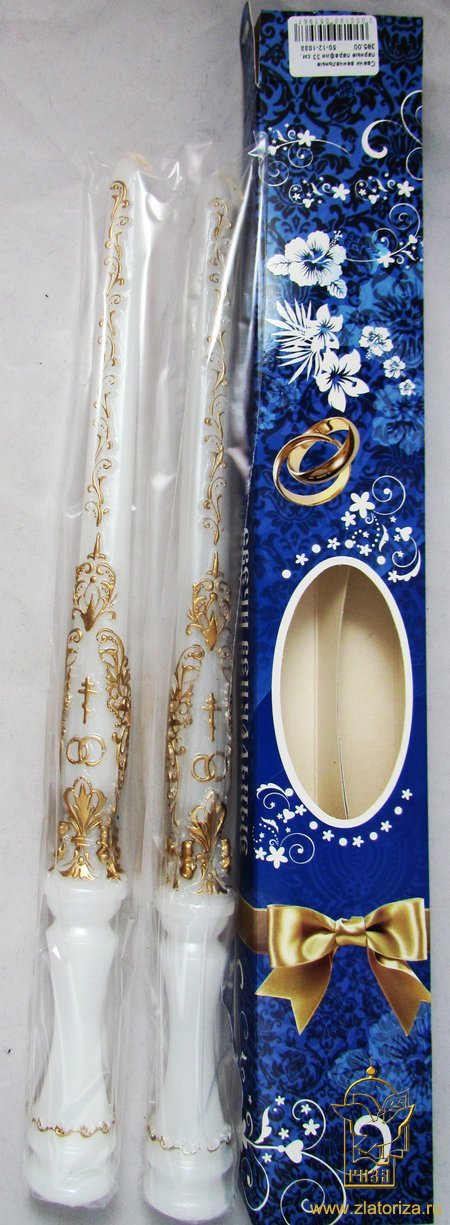 Свечи венчальные парные парафиновые с золотым декором, длина 33 см, в упаковке